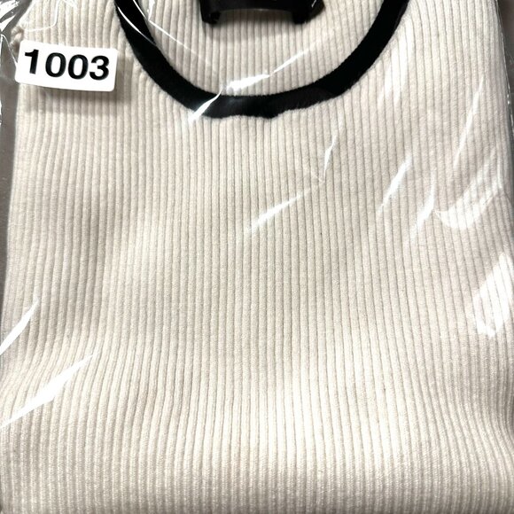 ZESICA WMNS White Ribbed Knit Sweater Large Black Trim Preppy Stretchy Pullover - Picture 9 of 9